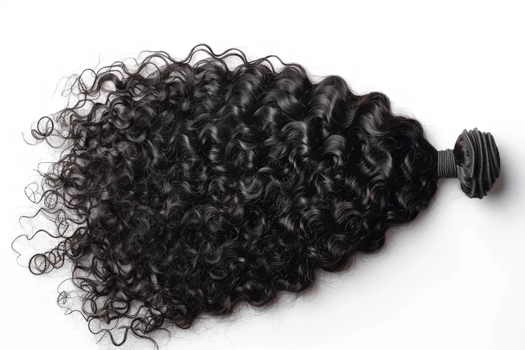 A product photo of black curly hair on white background