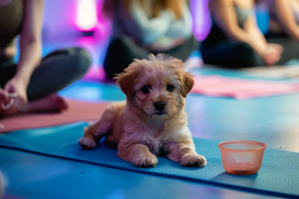 A puppy is playing on the yoga mat