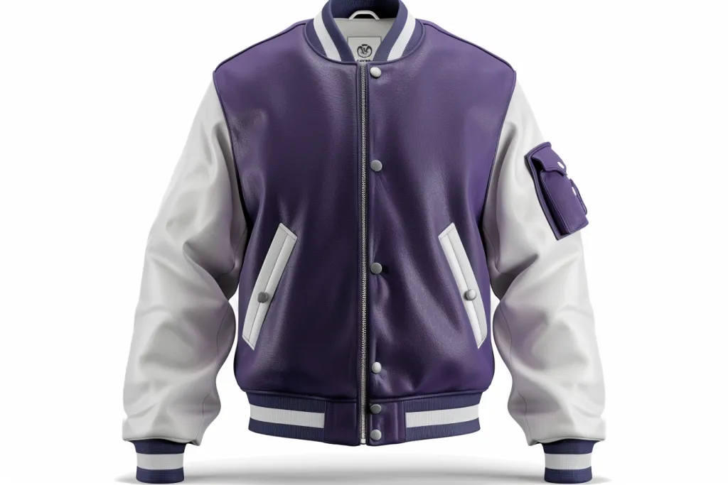 A purple and white letterman jacket