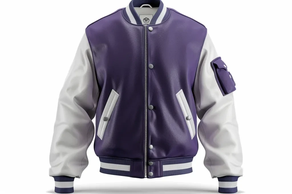 A purple and white letterman jacket