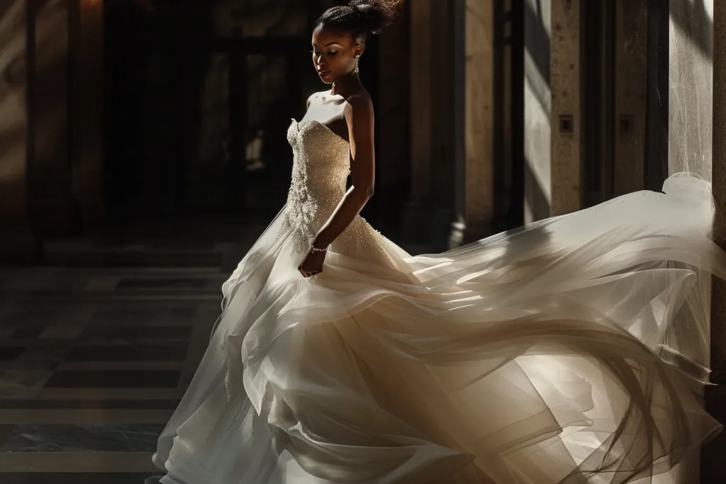 A radiant bride poses in an elegant strapless wedding gown, the train flowing behind her