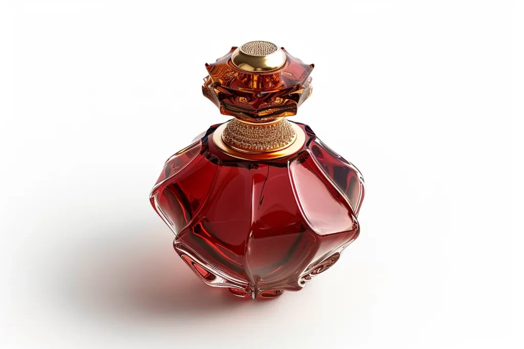 A red glass perfume bottle with an octagonal shape