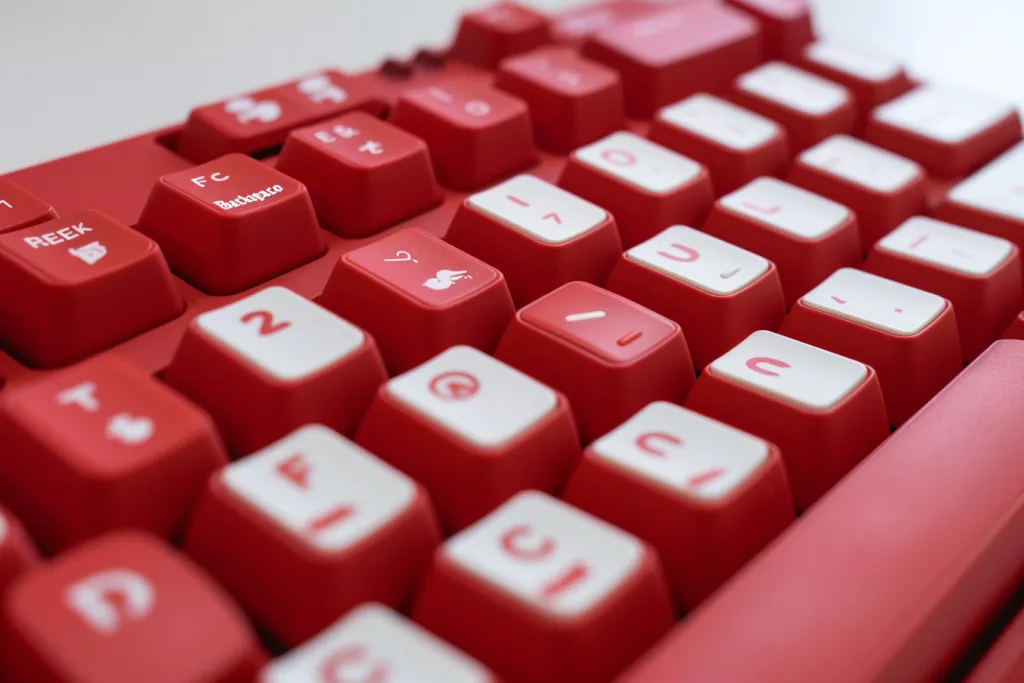 A red keyboard with white keys on the front