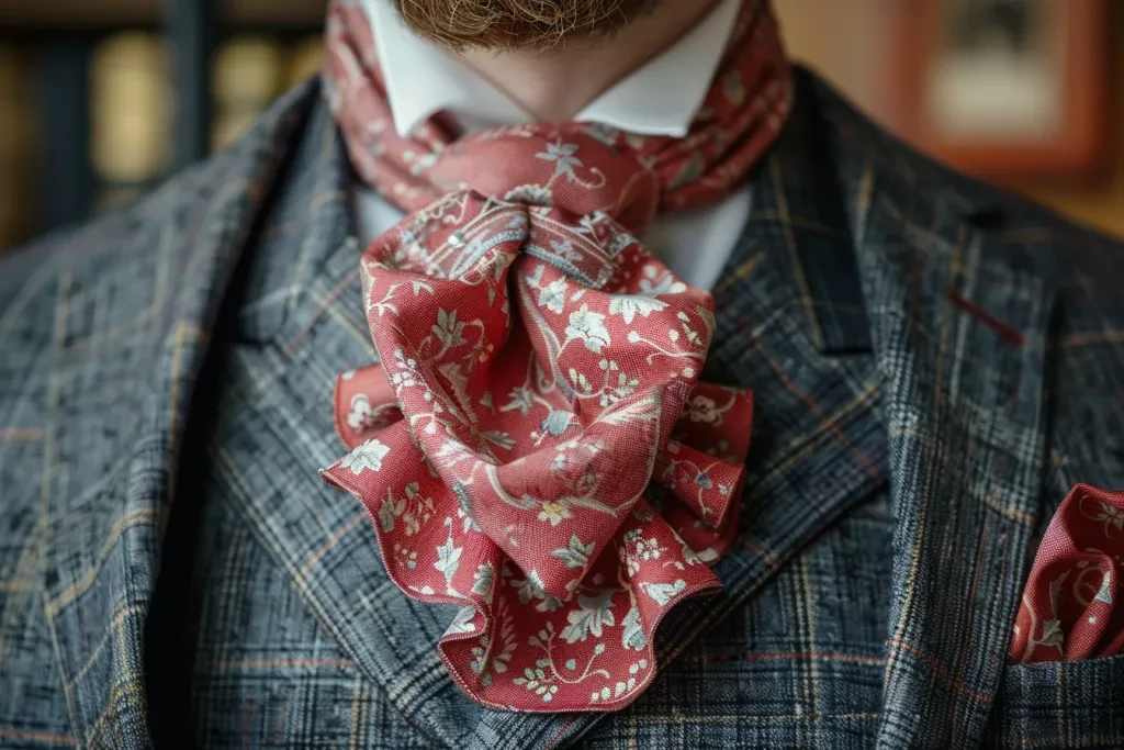 A red patterned cravat with floral design