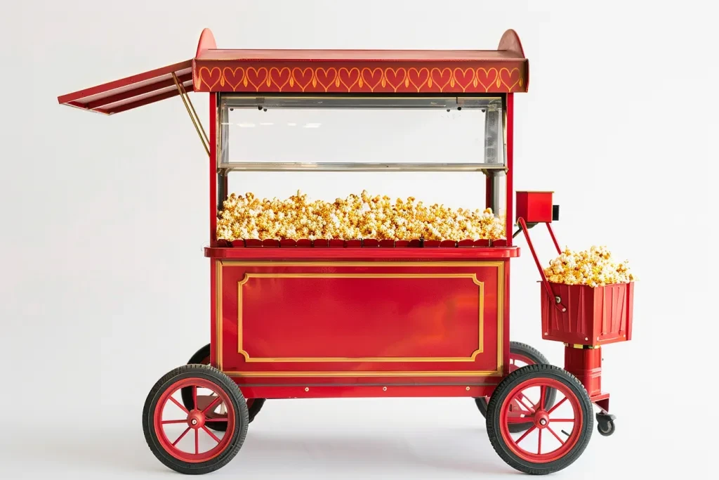 A red popcorn machine cart with wheels and an open front door sits on a white background