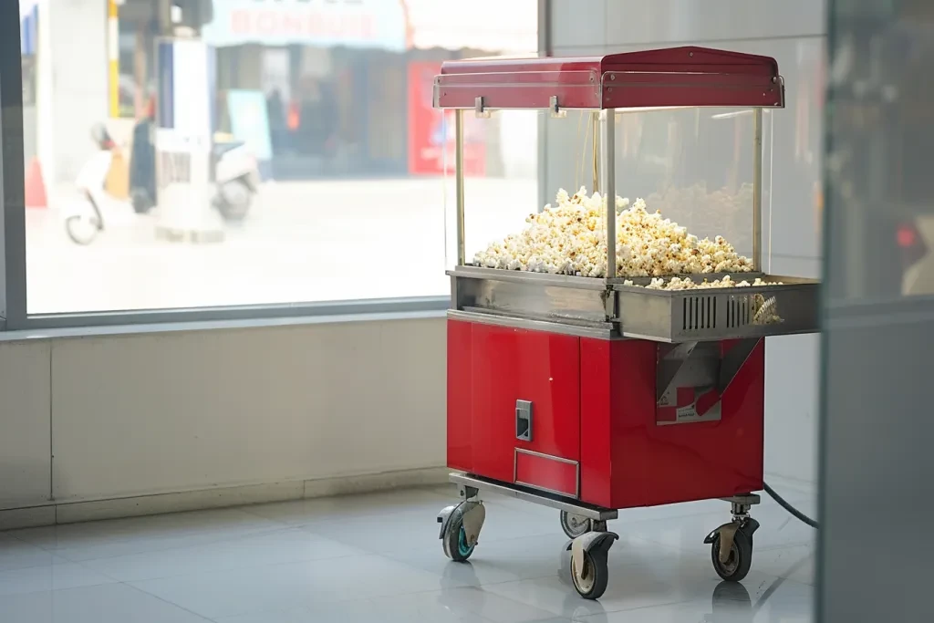 A red popcorn machine on wheels with a large white background