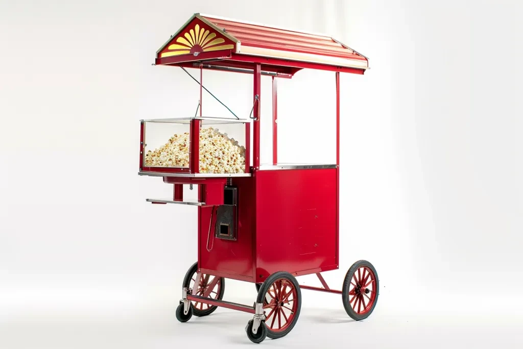 A red popcorn machine on wheels