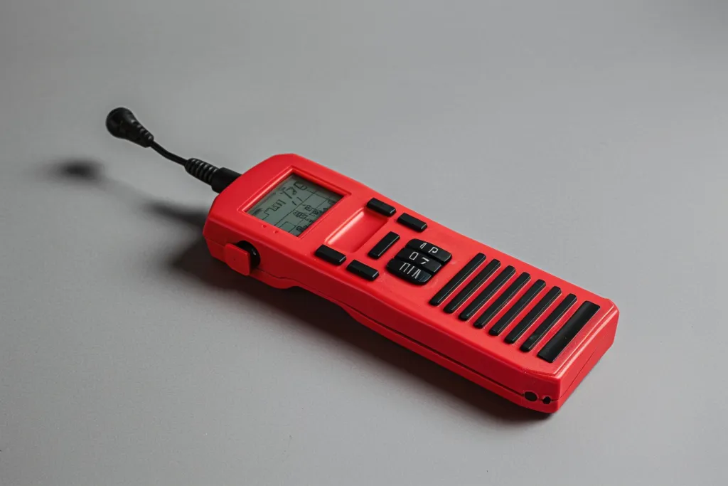 A red walkie talkie with screen on a grey background