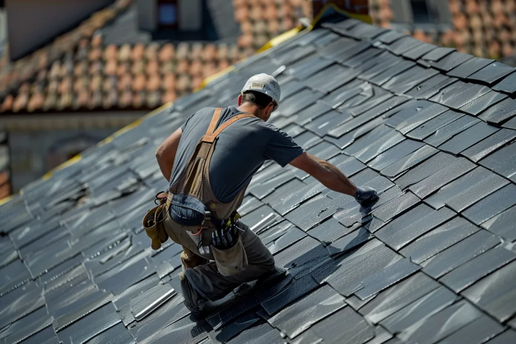 A roofer is repairing the solar roof tiles of an apartment building with black tiles