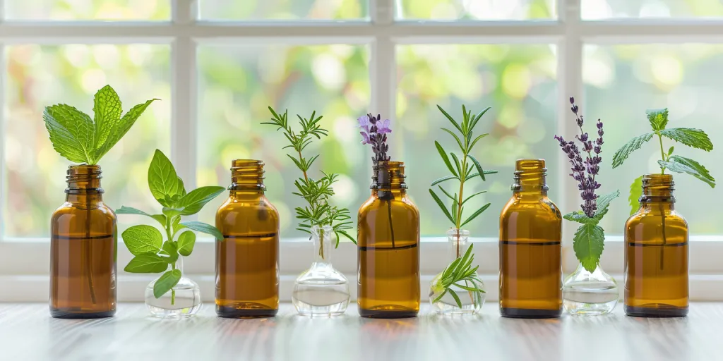 A row of five amber glass bottles filled