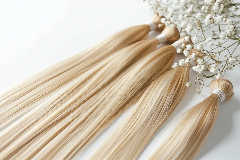 A set of blonde straight hair extensions