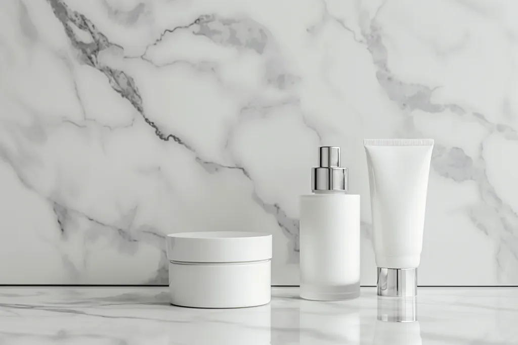 A set of white skincare products on marble background