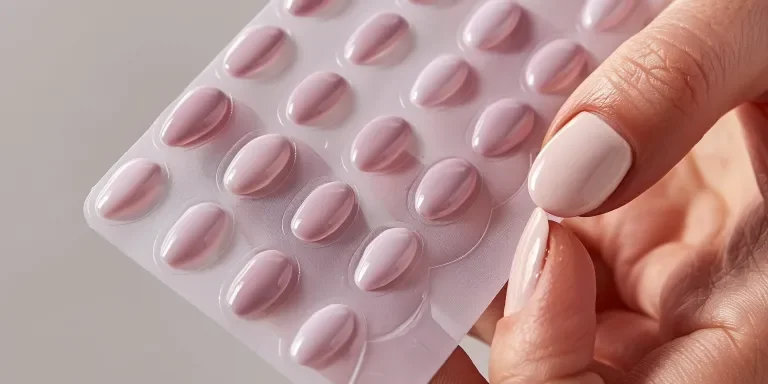 A sheet of nail stickers with a pink color