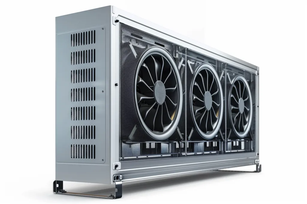 A side view of an industrial rack fan, three fans on the front panel