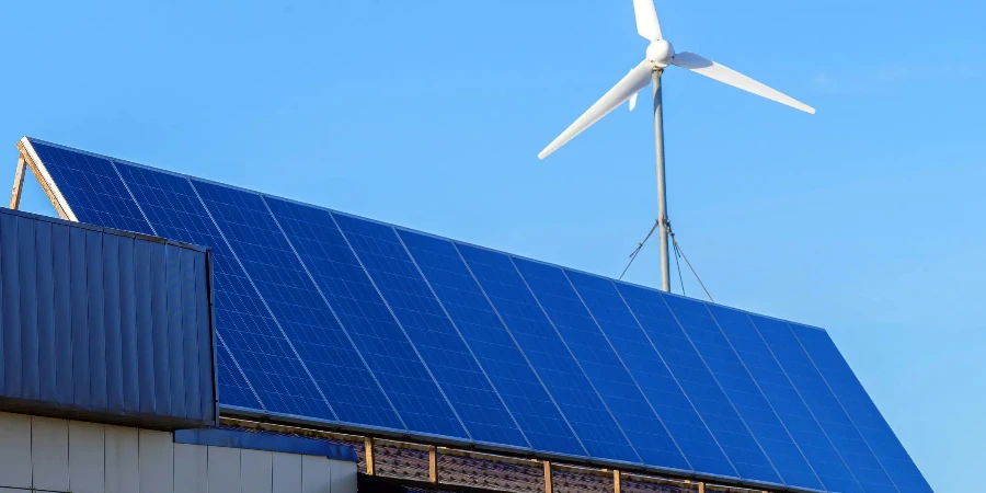 A small white wind generator and solar panels on the roof of a residential building against the blue sky