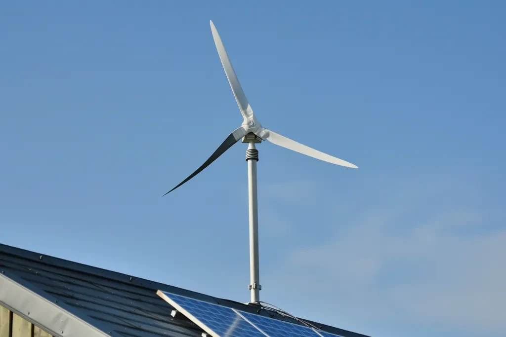 A small wind turbine on the roof of an off-grid house