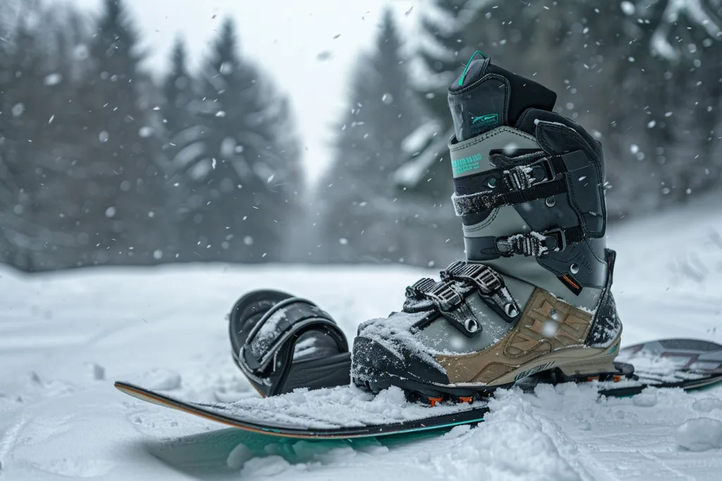 A snowboard boot and the back of an open pair of boots
