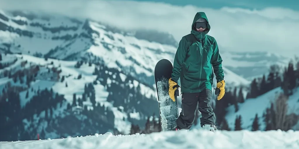 Een snowboarder met een smaragdgroene hoodie