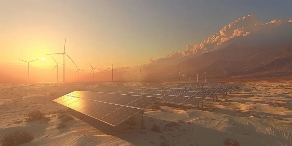 A solar farm in the desert with wind turbines in the background