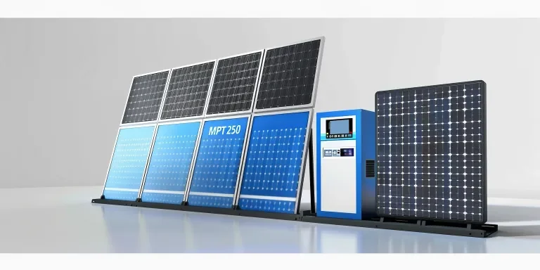 A solar panel and two large photovoltaic panels, one blue with MPT250 written on it