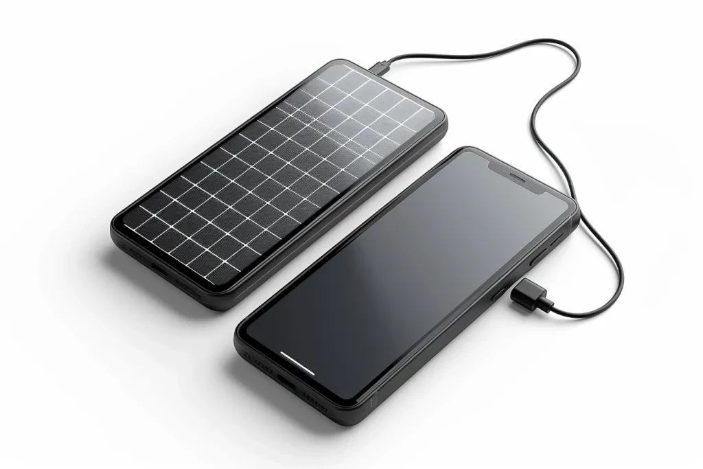 A solar panel is shown charging two phones at once on white background