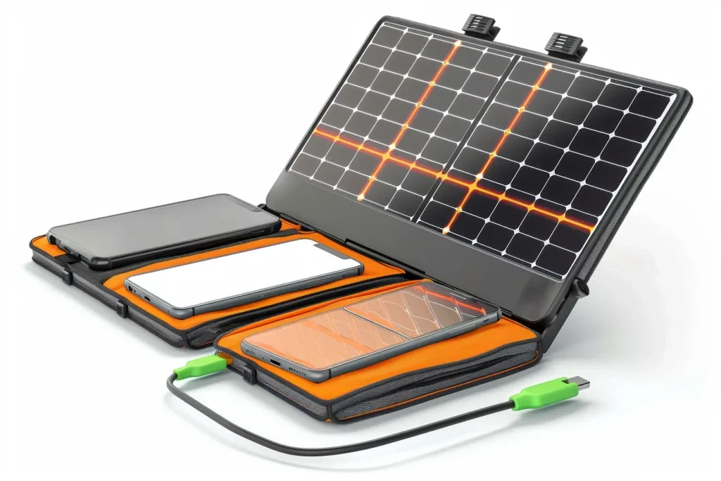 A solar panel with an orange and black color is attached