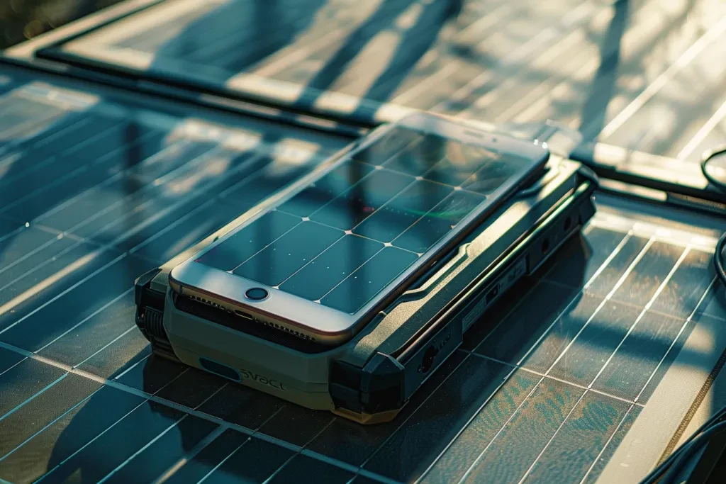 A solar-powered power station being used to charge an iPhone