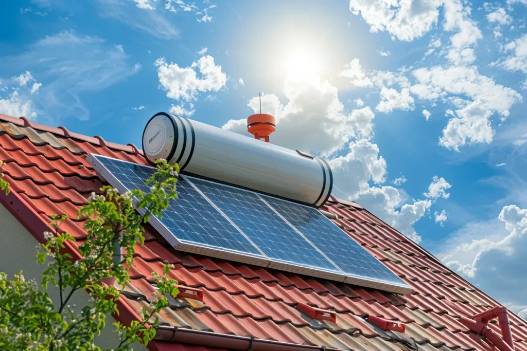 A solar water heater in the style with credit on the roof of a house