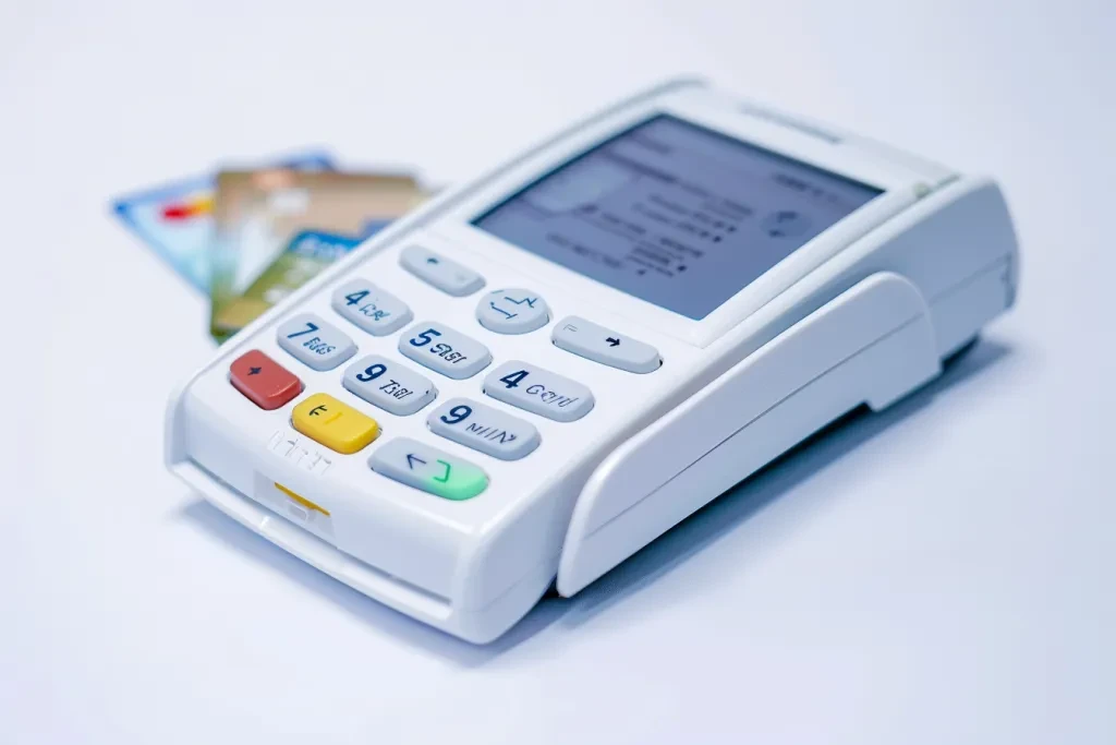 A square white credit card terminal