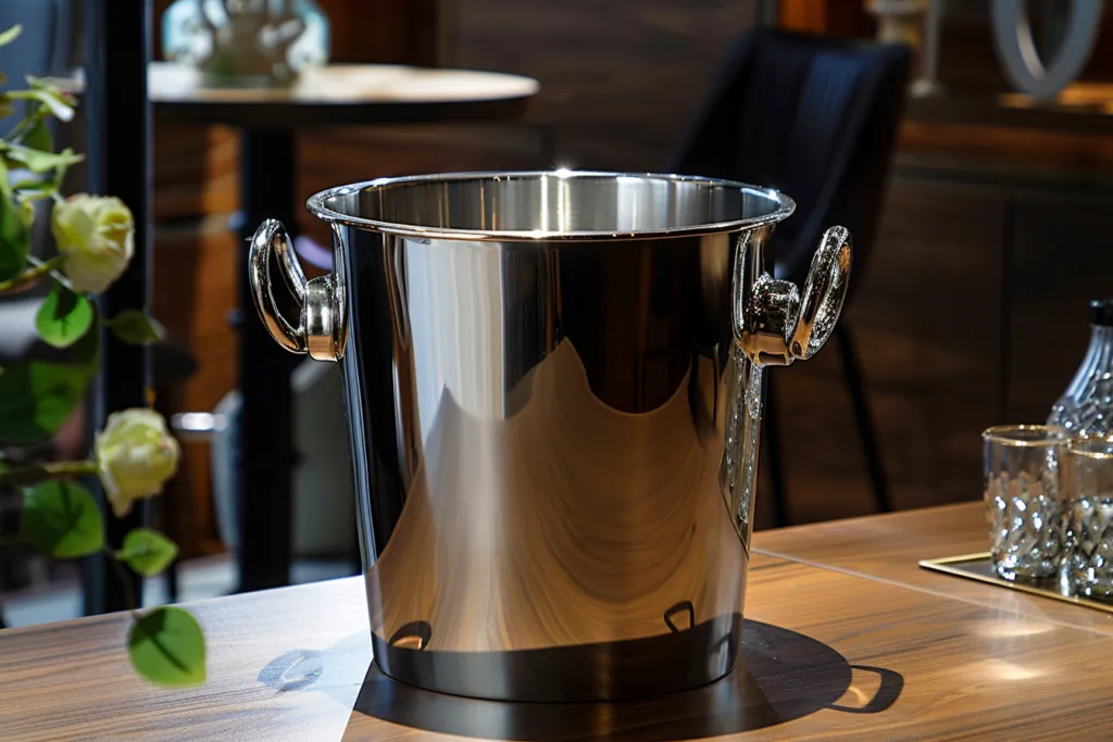 A stainless steel ice bucket with rounded edges
