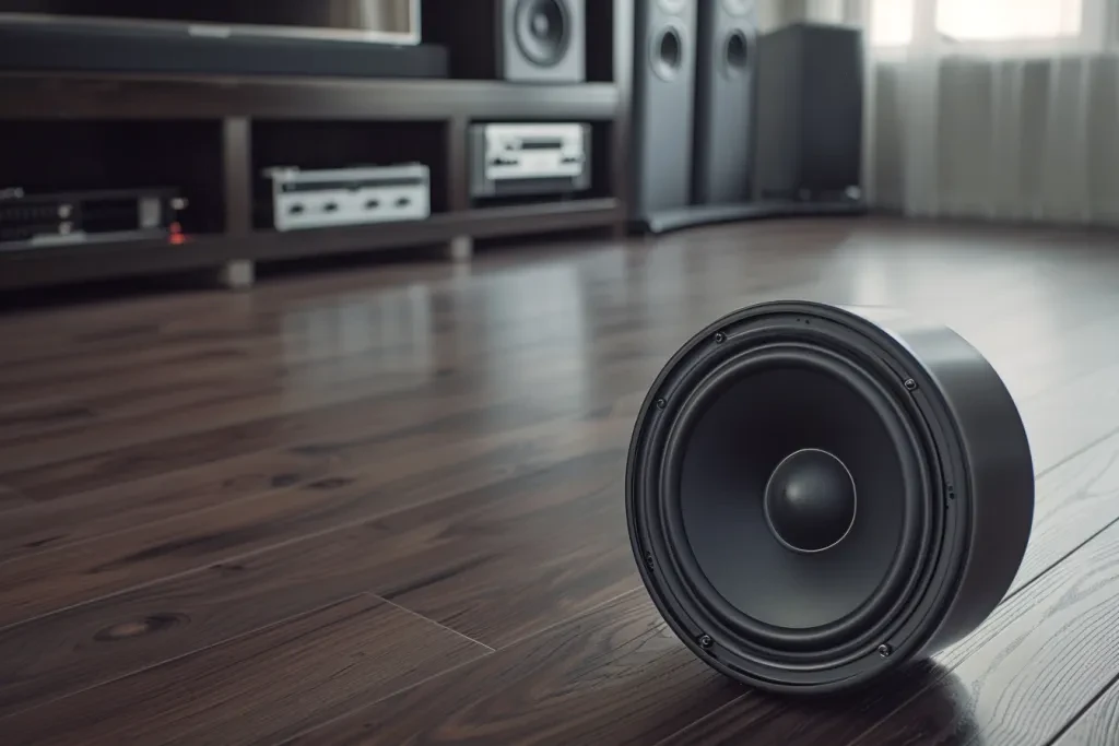 A subwoofer is sitting on the floor next to an audio system cabinet