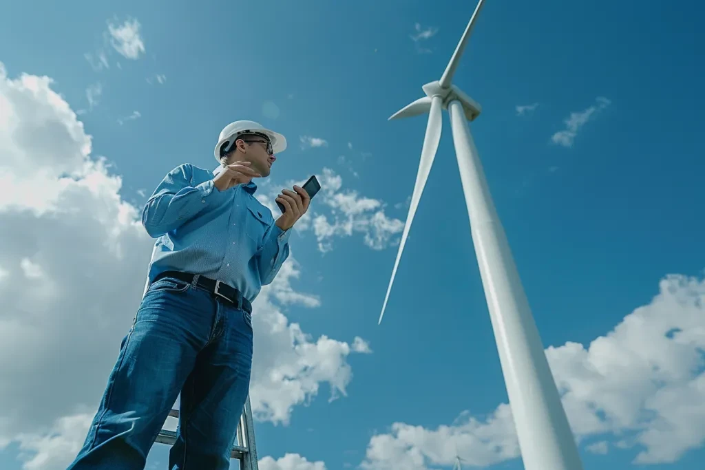 A tall man in a blue shirt and jeans on a ladder talking