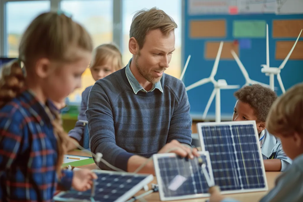 A teacher teaching young children how to build solar panels and wind turbines in the classroom, using natural light