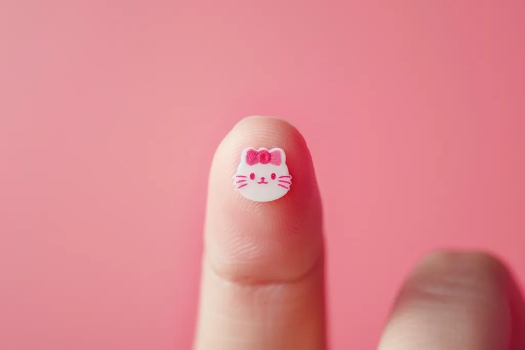 A tiny hello kitty sticker on the tip of someone's finger against a pastel pink background