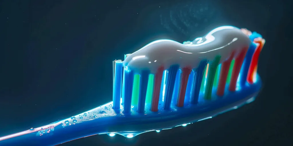 A toothbrush with blue and white bristles