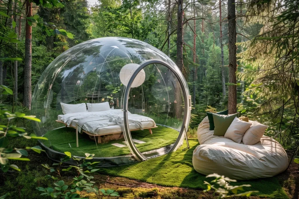 A transparent bubble dome with green grass and a white bed inside, in the forest