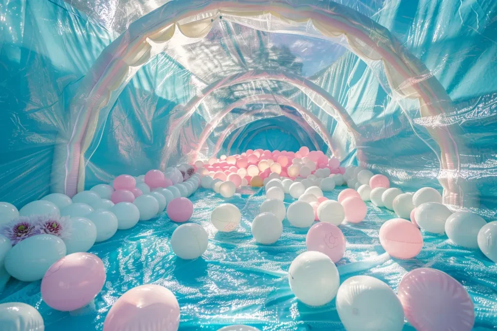 A transparent plastic dome tent with small windows, inside the tunnel there is an inflatable pool filled with white and pink balls and flowers