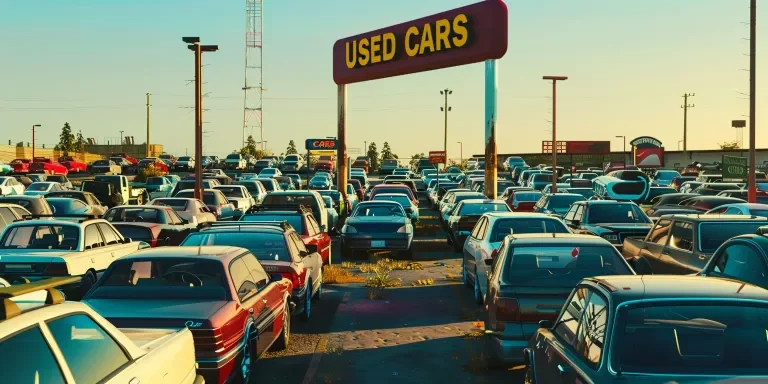 A used car lot with multiple cars parked in rows, featuring various makes and models of vehicles