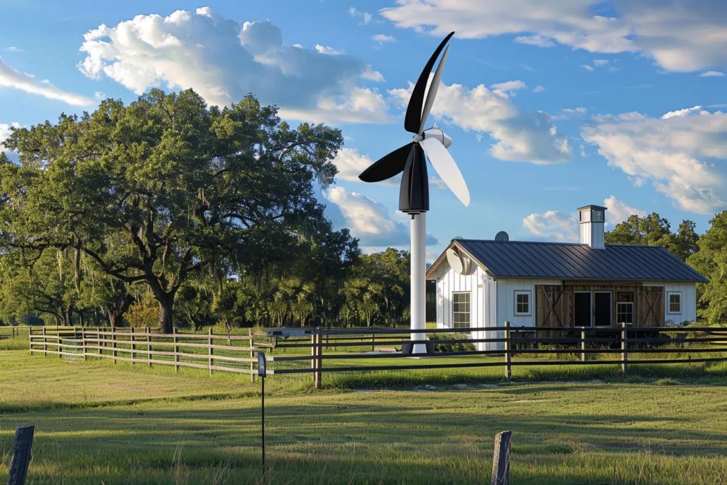 A vertical farm wind turbine is mounted on front of an off-grid home