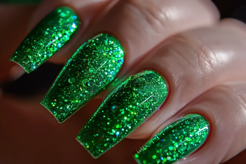 A vibrant green glitter manicure