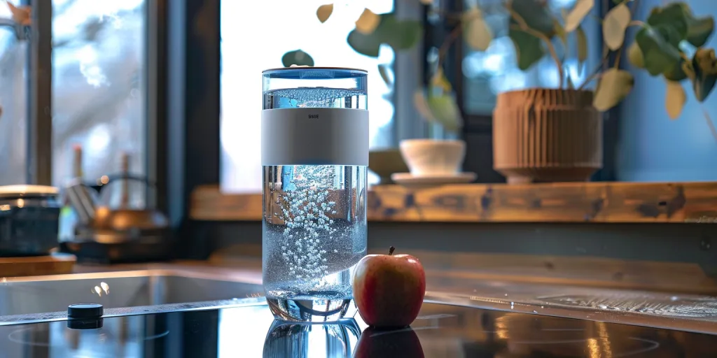 A water filter is placed on the countertop