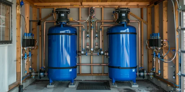 A water filter system with two blue tanks and copper pipes in the garage