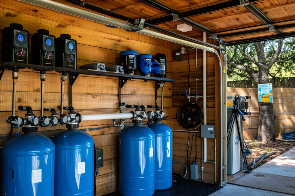 A water filter system with two blue tanks