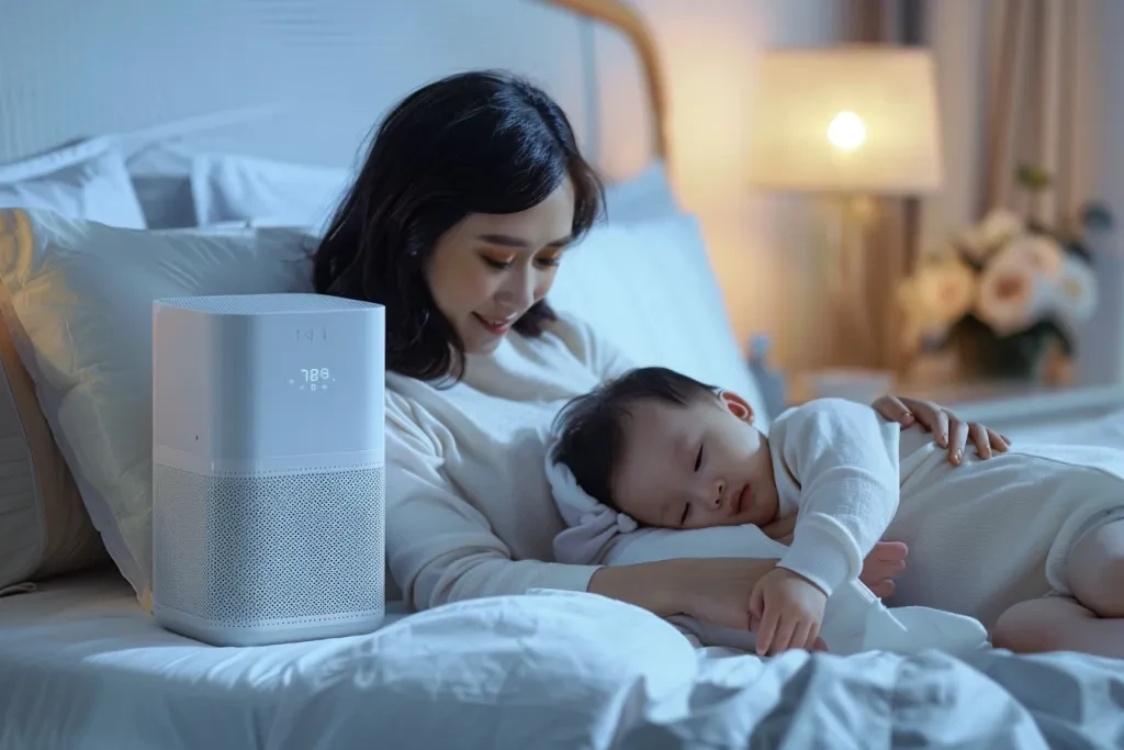 A white air purifier is placed