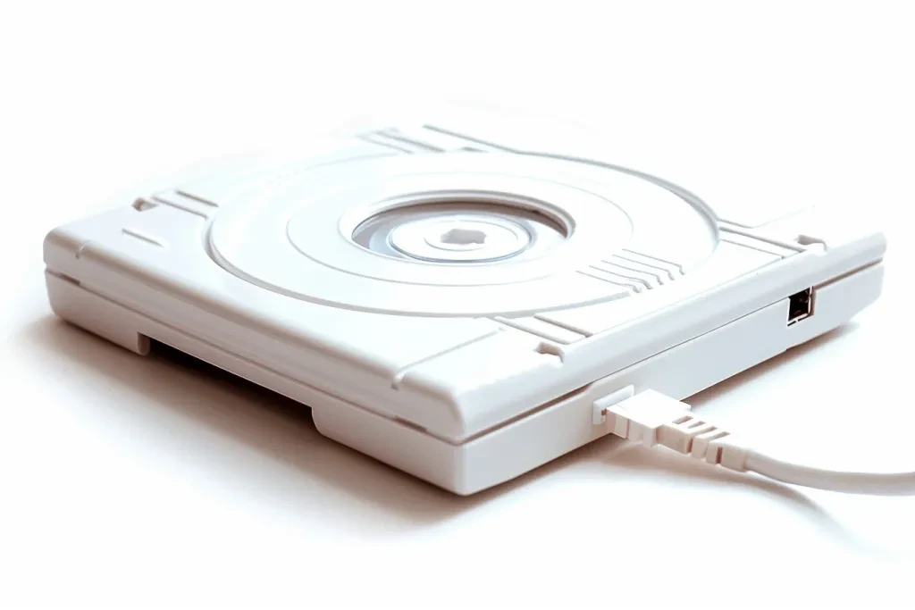 A white high definition photo of an umcre table top cd drive