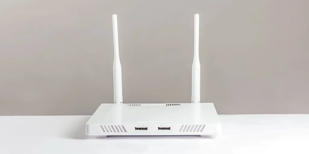 A white router with two antennas and one antenna on the side