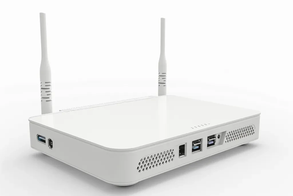 A white router with two antennas on the side