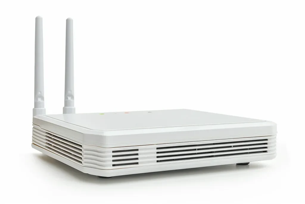 A white router with two antennas