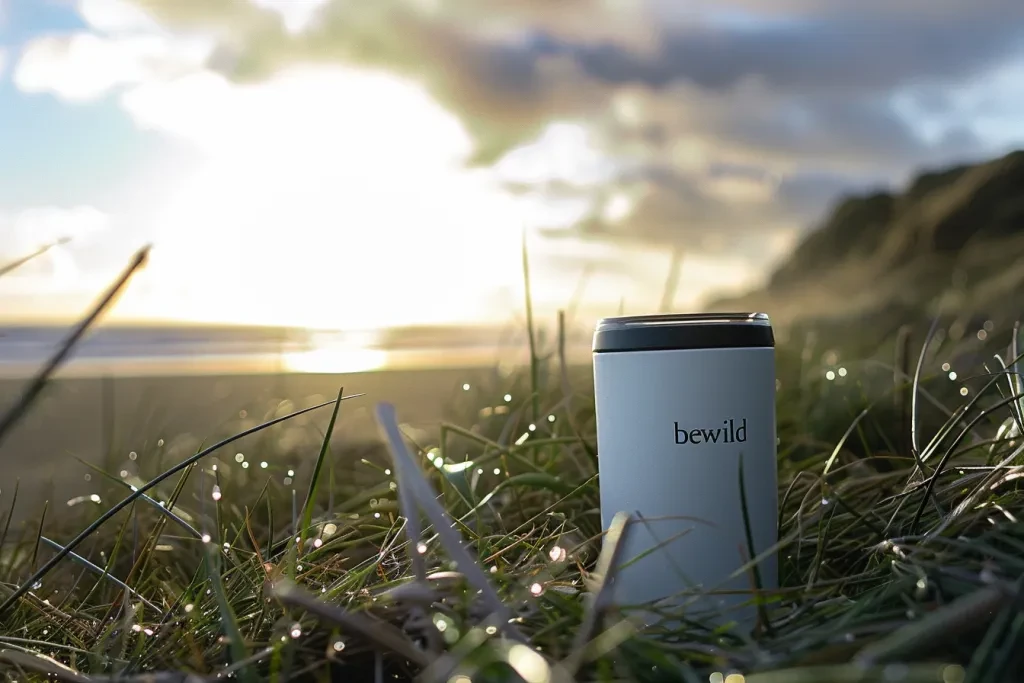 A white travel tumbler with a black lid