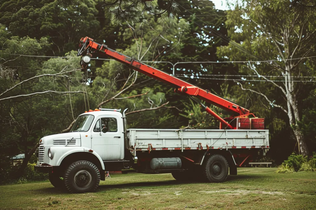 A white truck with an extra long bed and red crane attached to the roof parked